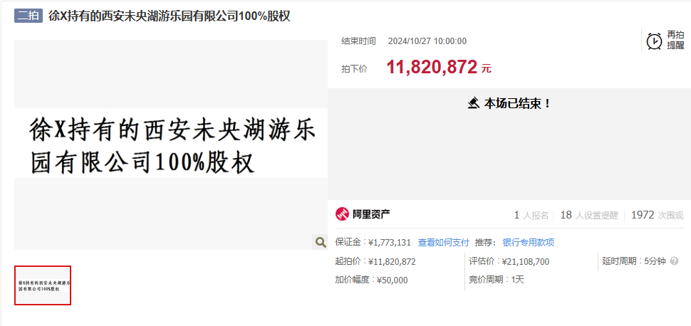 低价“拍下”西安未央湖后，游乐园原股东迅速退出